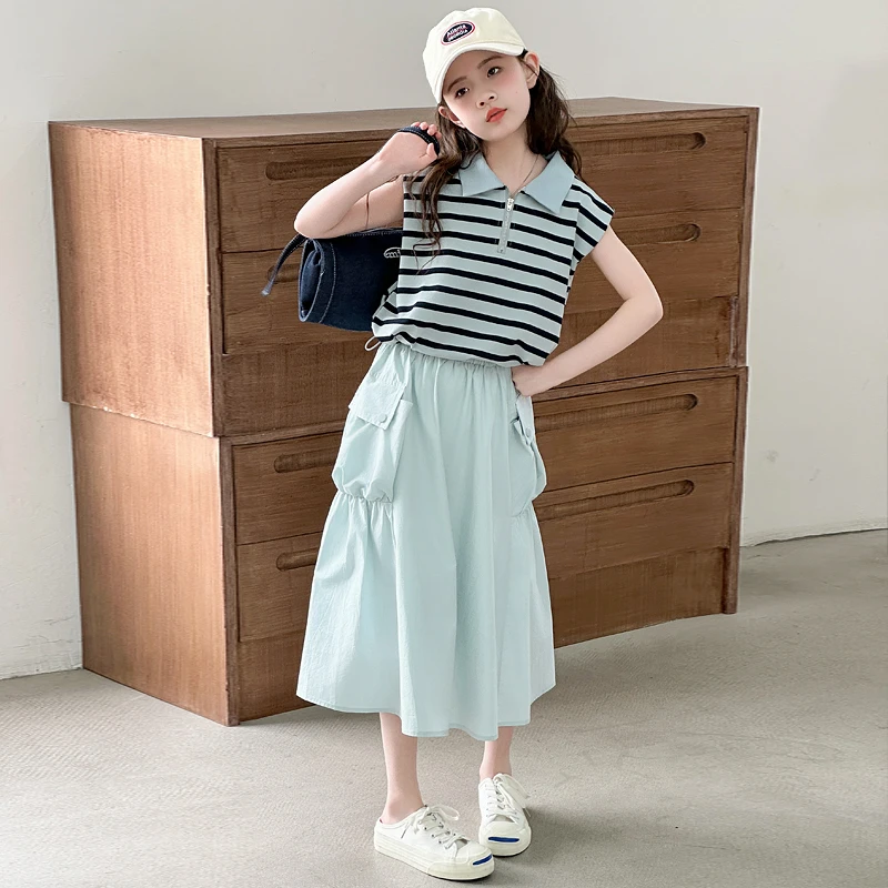 女童夏季条纹无袖上衣搭配半身裙时尚休闲套装中大童2025新款夏装