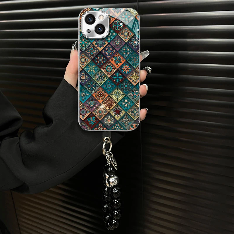 适用于【苹果15】玻璃壳五彩图腾ins风网红创意个性时尚手机壳女款