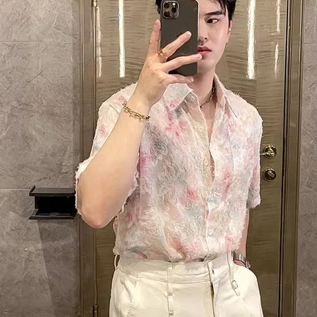 夏季小众设计感碎花短袖衬衫男韩系薄款防晒外套个性半袖情侣衬衣