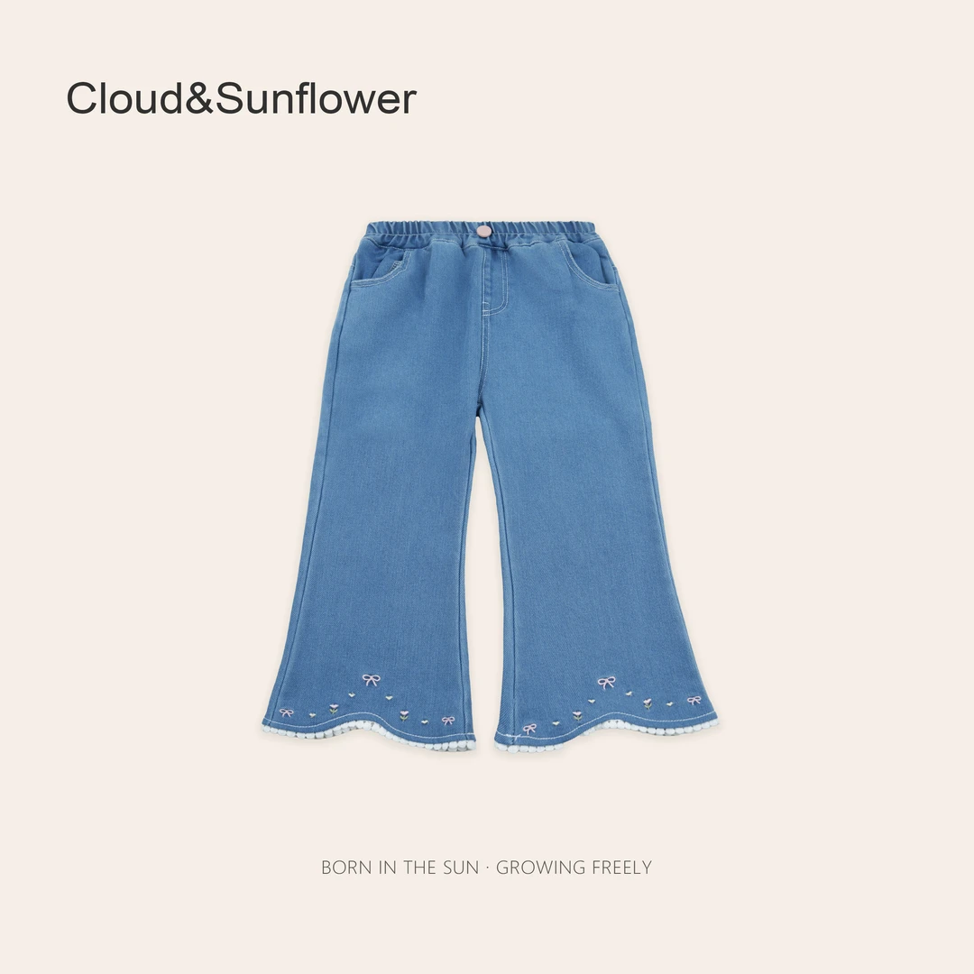 【云朵小葵】女童春季一粒扣裤脚蝴蝶结刺绣蕾丝花边牛仔裤1113567