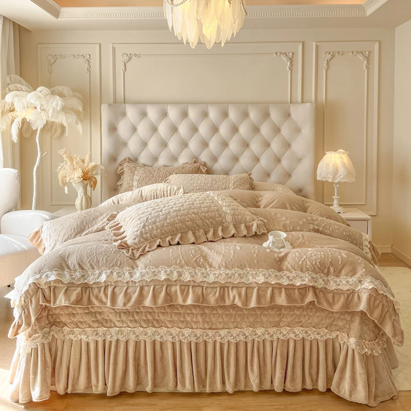 【牛奶绒】冬季新款公主风防寒保暖毛绒加绒加厚花边夹棉床盖四件套