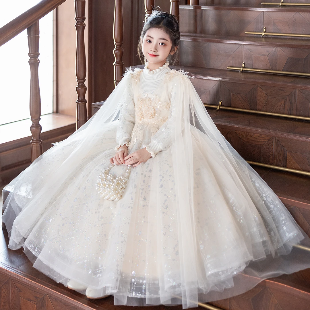 女童公主裙高端轻奢保暖礼服花童婚礼小女孩儿童主持人钢琴演出服