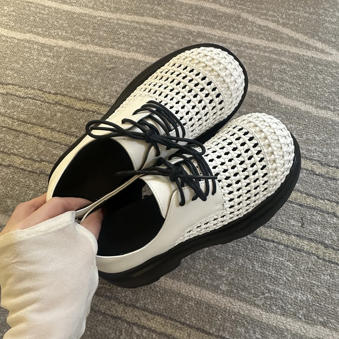 风织 | 6公分 | 时尚厚底圆头鞋春季百搭透气灰网面镂空系带女鞋