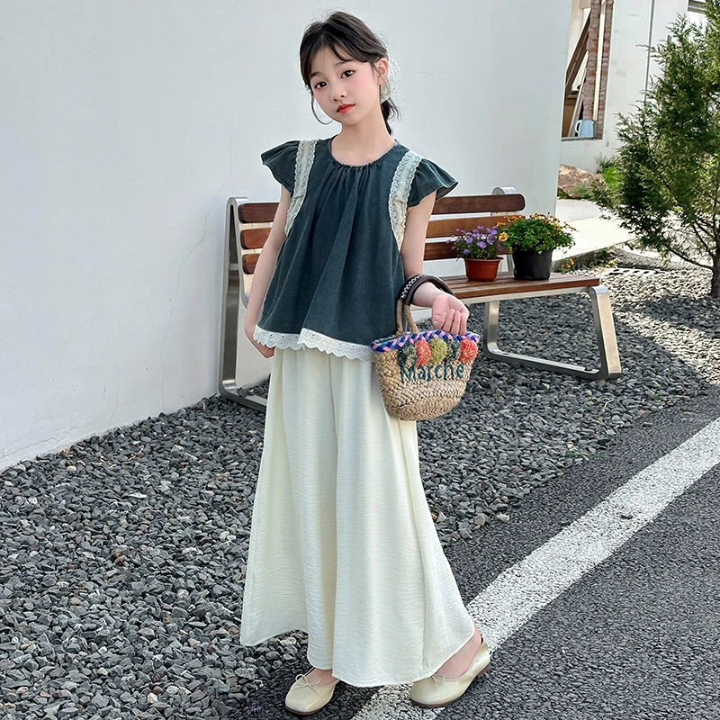 2025夏季新款女童中大童洋气时尚小飞袖上衣裤子套装女大童套装