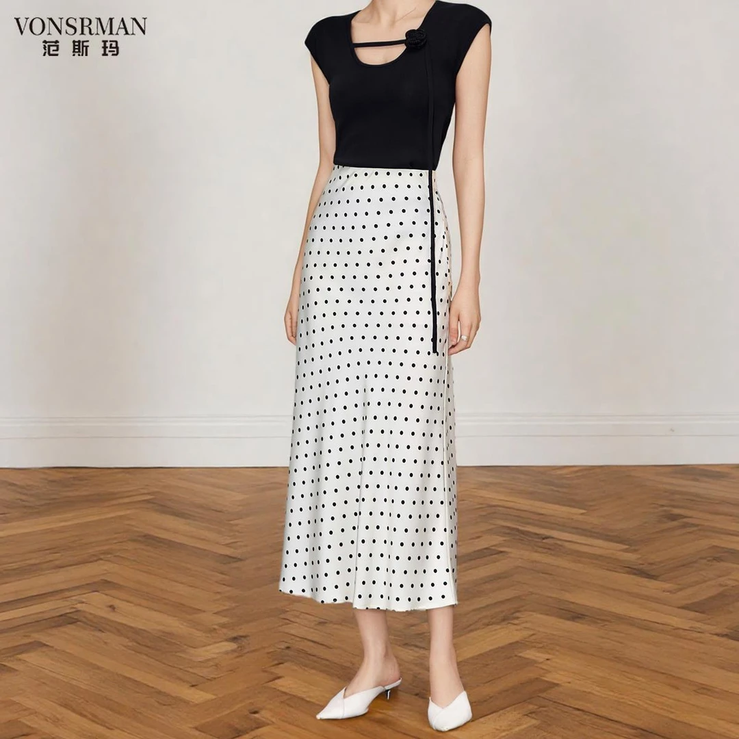 气质米白色波点长裙缎面半身裙女夏季2025新款高腰垂感包臀鱼尾裙