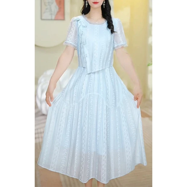 L5359短袖裙子时尚连衣裙气质长裙高腰夏优雅中长裙显瘦法式收腰