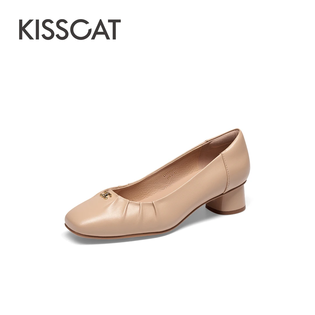 【商场同款】接吻猫新款通勤轻软羊皮舒适粗跟浅口单鞋KA54202-10