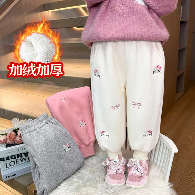 儿童裤子秋冬加绒女童宝宝一体绒卡通KT猫刺绣宽松休闲裤子百搭