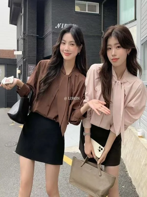 粉色系带长袖衬衣女2025秋季新款百搭宽松显瘦衬衫气质温柔衬衫女