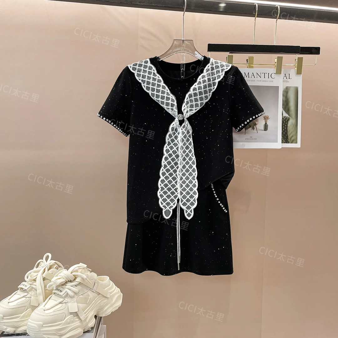 设计感蕾丝拼接烫钻短袖T+高腰半身裙套装XR-4000093