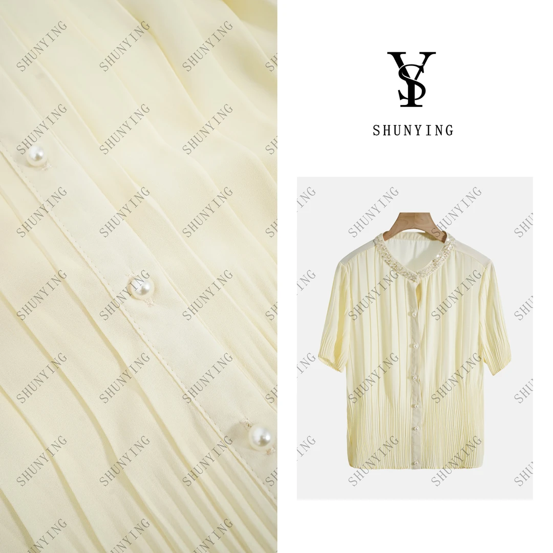 仟娜【水晶乔其】精致简约~镶钻钉珠单排扣百褶纯色衬衫SY72C5270