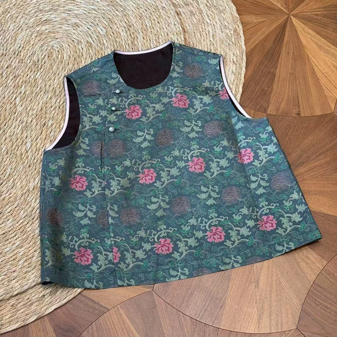 MYL 2025夏季新品桑蚕丝藏青花花宋锦马夹时尚中式提花无袖马甲