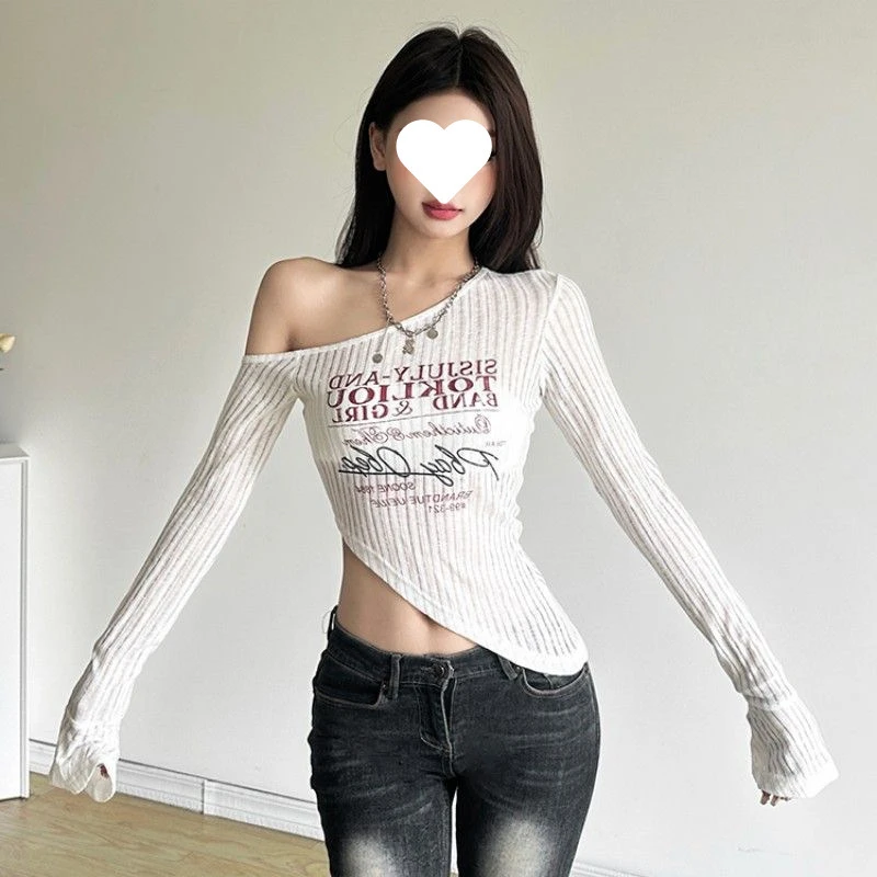 美式斜领露肩不规则设计感竖条纹复古印花百搭修身显瘦T恤上衣女