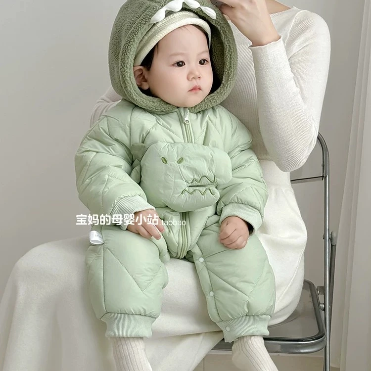 绿色小恐龙加绒带帽冬款加厚外出服连体衣