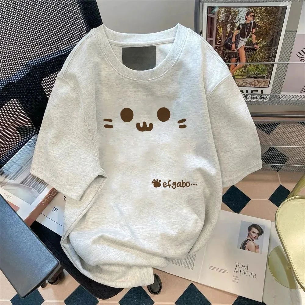 100%纯棉短袖t恤女夏季2025新款美式休闲复古宽松圆领高级感半袖