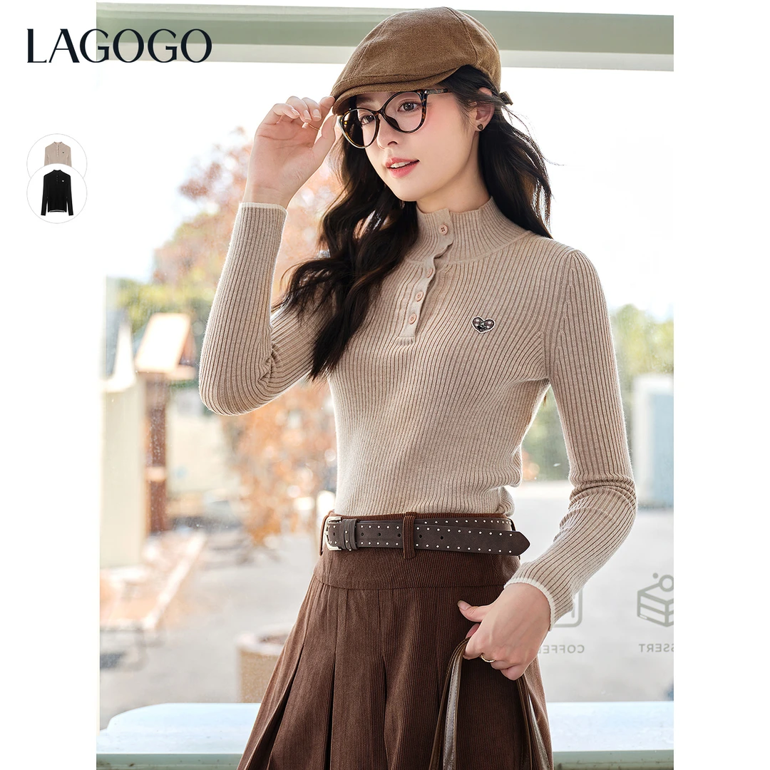 lagogo拉谷谷2025年新款半高领小熊修身打底毛衣女OCMM419GH9