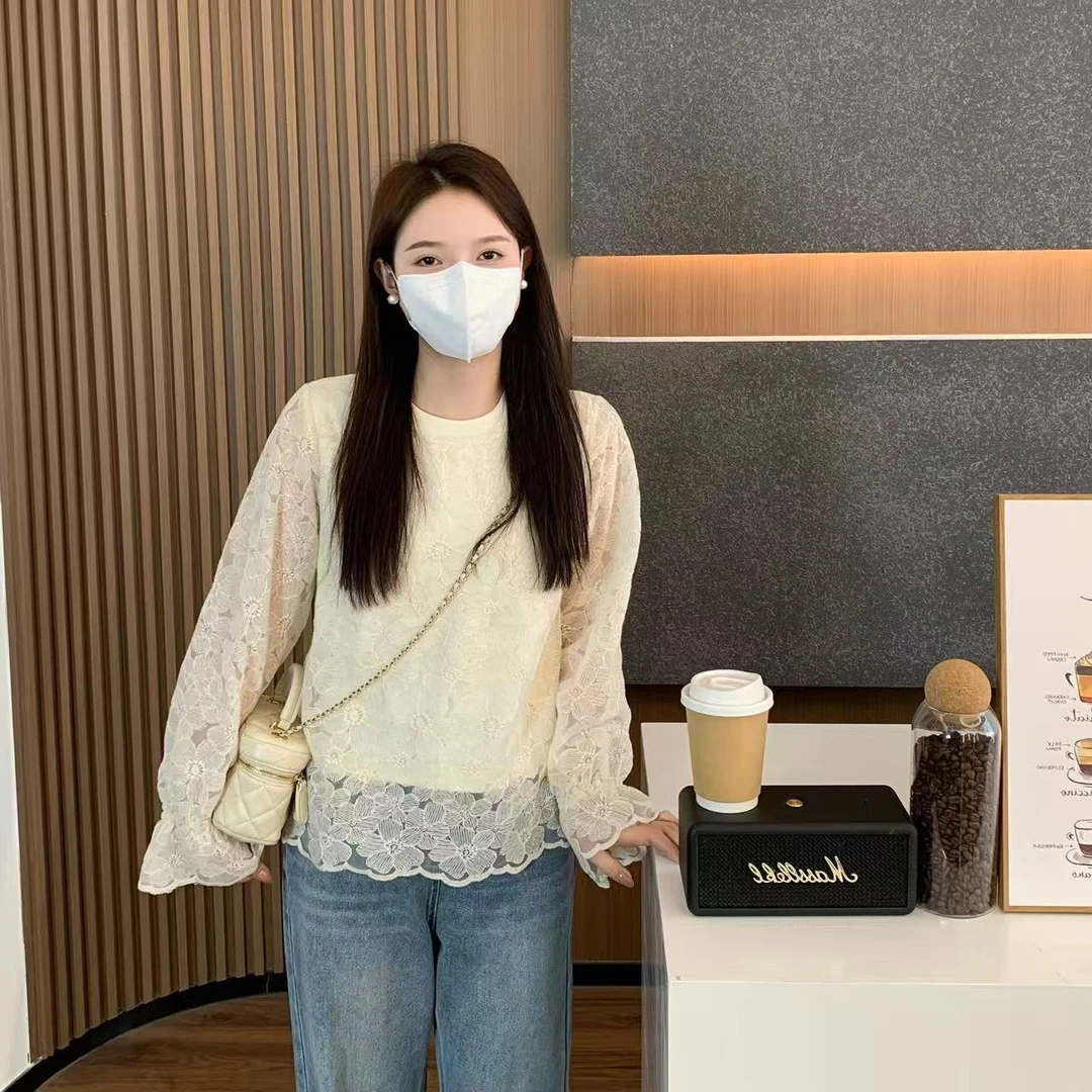 小羽酱小个子定制春季韩系百搭气质温柔减龄镂空内搭长袖T恤上衣