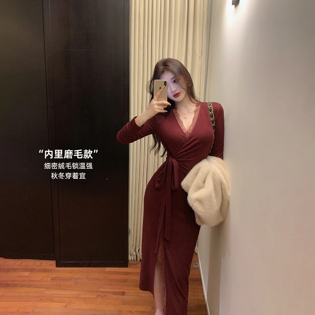 林关关【一眼万年】法式长袖v领交叉绑带蕾丝针织连衣裙性感长裙