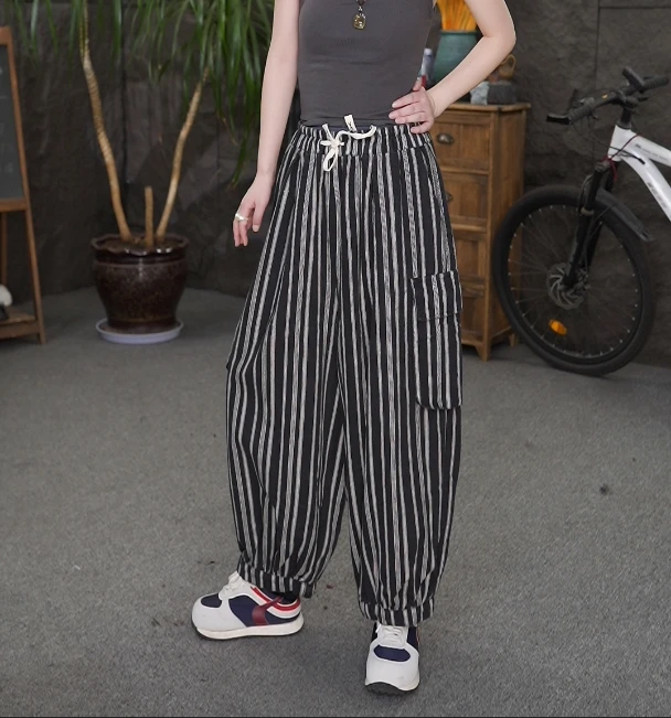【竖条纹休闲裤】宽松显瘦女装裤子复古百搭休闲裤大口袋QQ