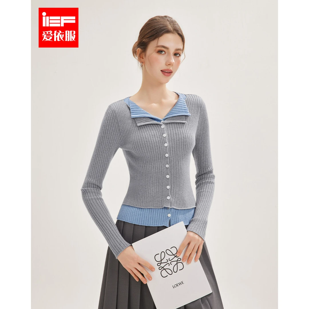 IEF/爱依服2025秋季新款韩版时尚小众设计通勤百搭假两件毛织上衣