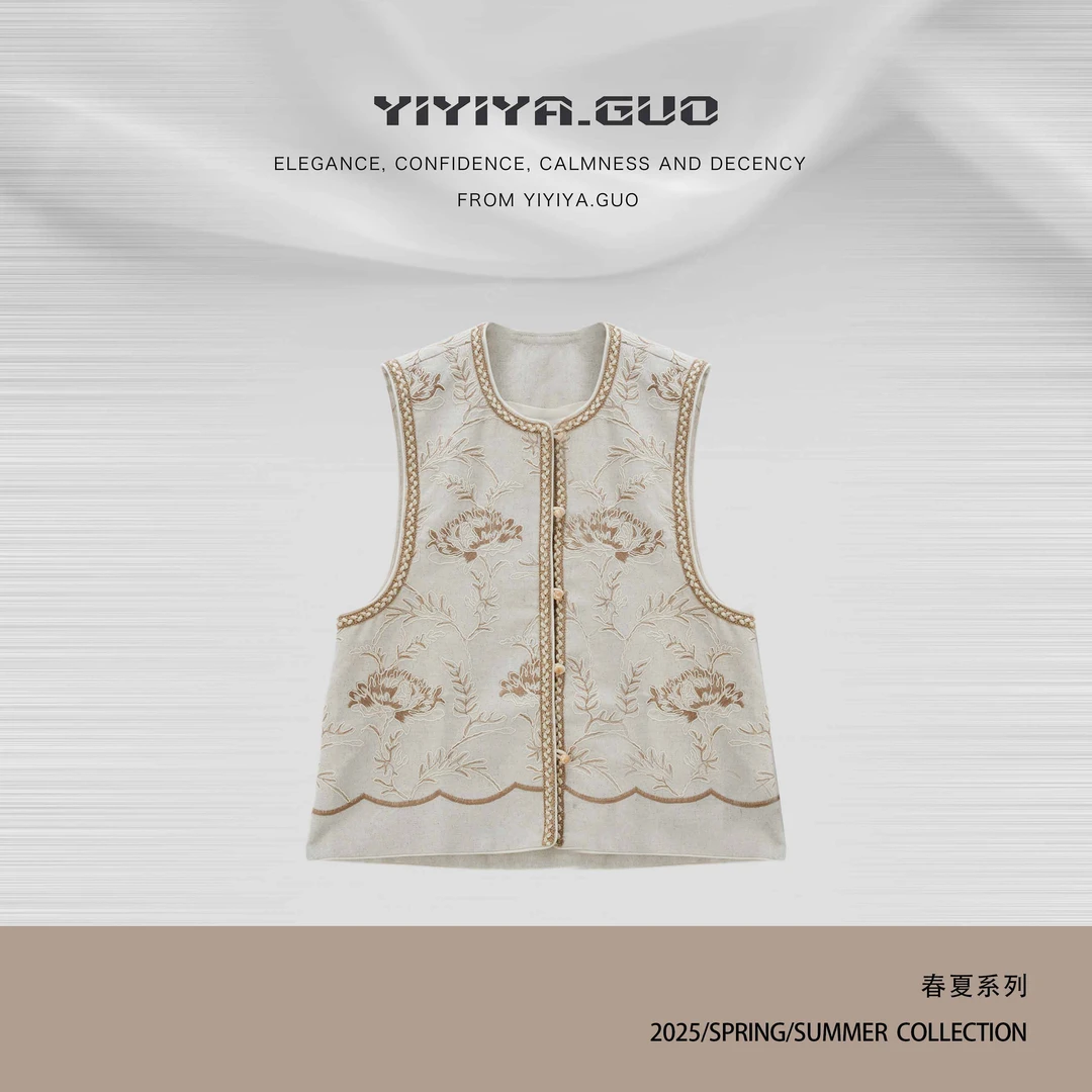 yiyiya.Guo艺艺吖【锦花】新中式中国风刺绣圆领开衫马甲25SS0155