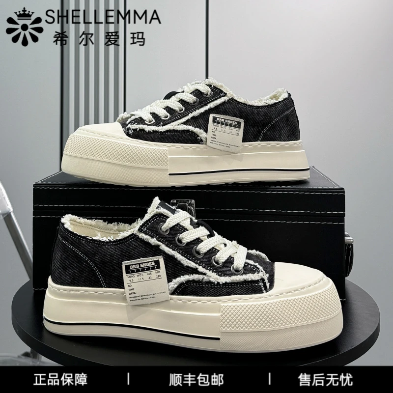 希尔爱玛牛仔布板鞋男款新款超火帆布鞋夏季透气厚底内增高小众乞
