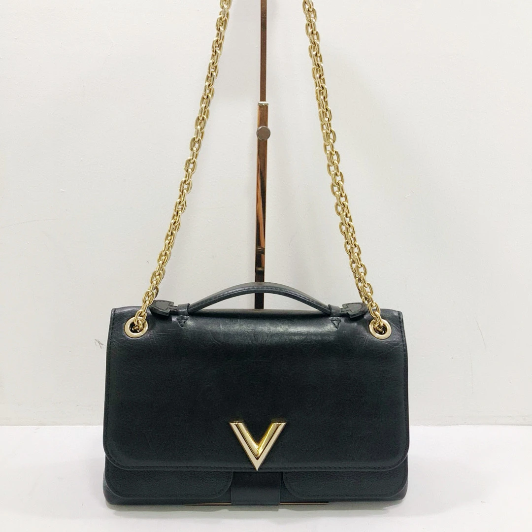 95新 LouisVuitton/路易威登 lv全皮黑金老花链条单肩斜挎包