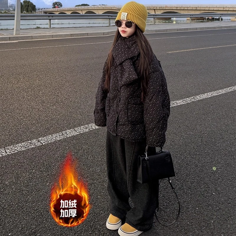 韩版童装2025冬女童洋气碎花夹棉加厚外套儿童保暖围巾领棉服棉衣
