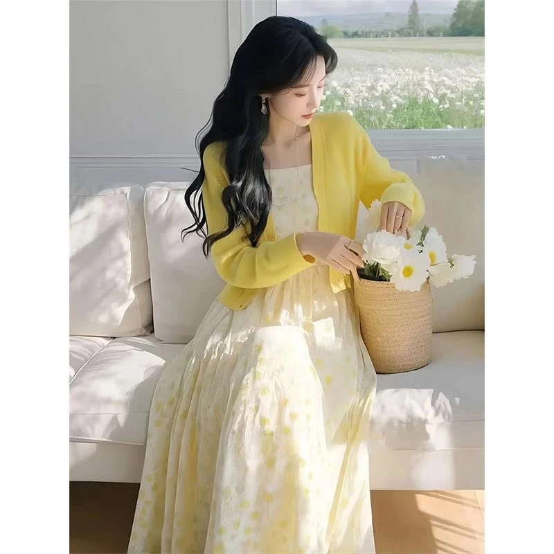 韩系穿搭时尚一整套女2025年春季新款针织开衫碎花连衣裙两件套装