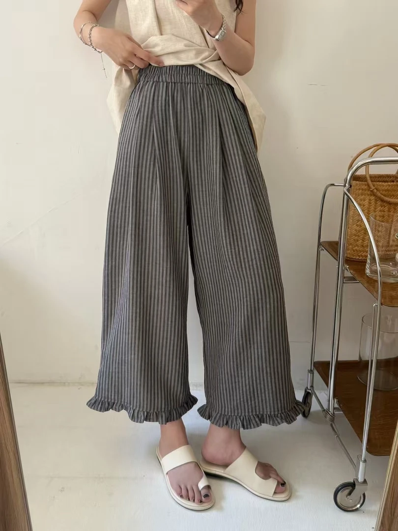【YouJ】条纹九分裤长裤休闲裤宽松百搭夏季纯欲慵懒风女装裤子