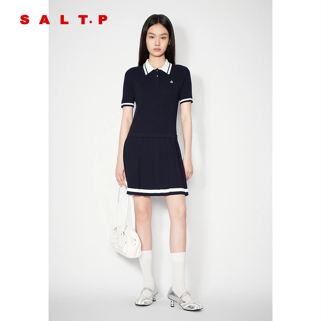 SALT.P可颜2025夏季新款藏蓝色学院风Polo翻领针织连衣裙女