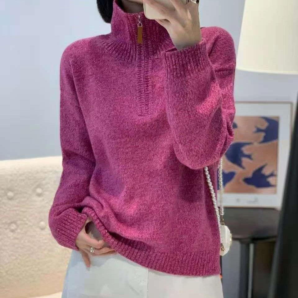 花纱半拉链羊绒衫，可翻可立领，宽松时尚休闲