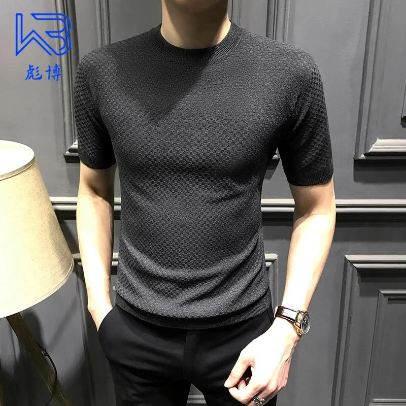 彪博新款夏季男士圆领短袖T恤高级男装修身半袖体恤高端针织上衣