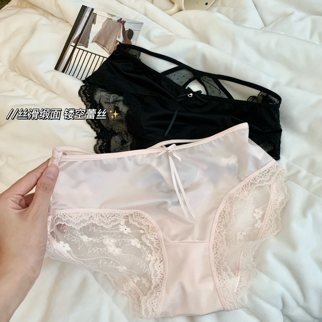 Y7771女士内裤少女交叉美臀中腰轻奢缎面蕾丝半透明女生女款