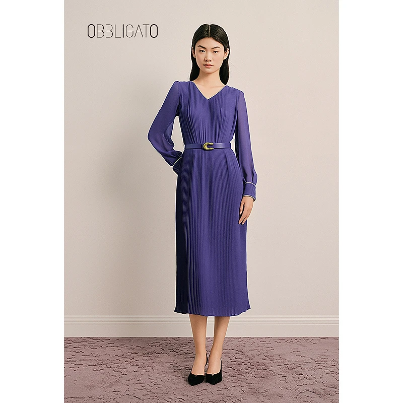 OBBLIGATO奥丽嘉朵1C65105380专选2025春季新品薄纱百褶连衣裙