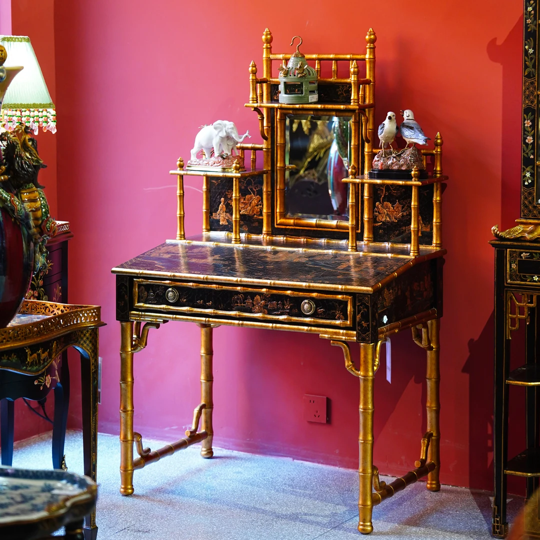 【本尼家】YS87法式中国风布裂纹手绘山水图案竹节梳妆台