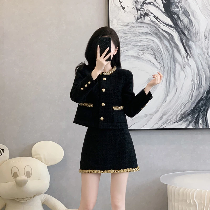 法式设计感小众时尚套装女秋冬装简约高级感纯色气质小黑裙两件套