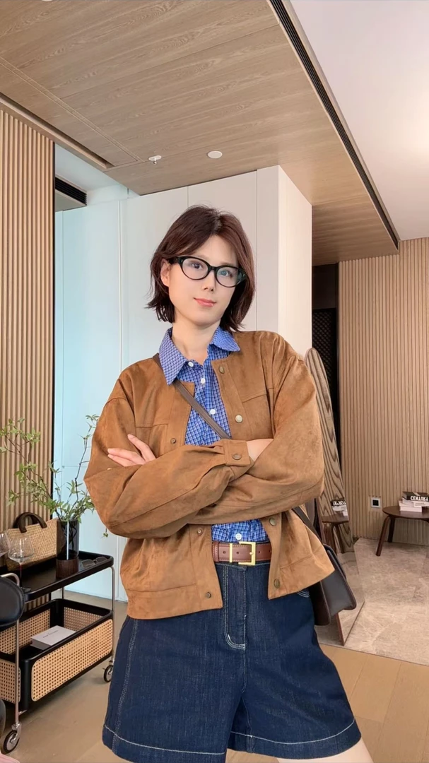 NAN&SEN 奶咖  2025秋季新款麂皮绒圆领休闲慵懒MIU风短款外套