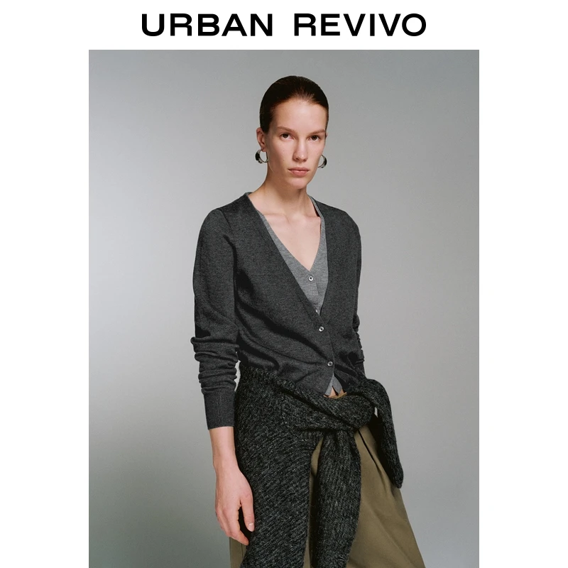 UR2025冬季新款女装休闲格雷系假两件针织开衫UWU950046