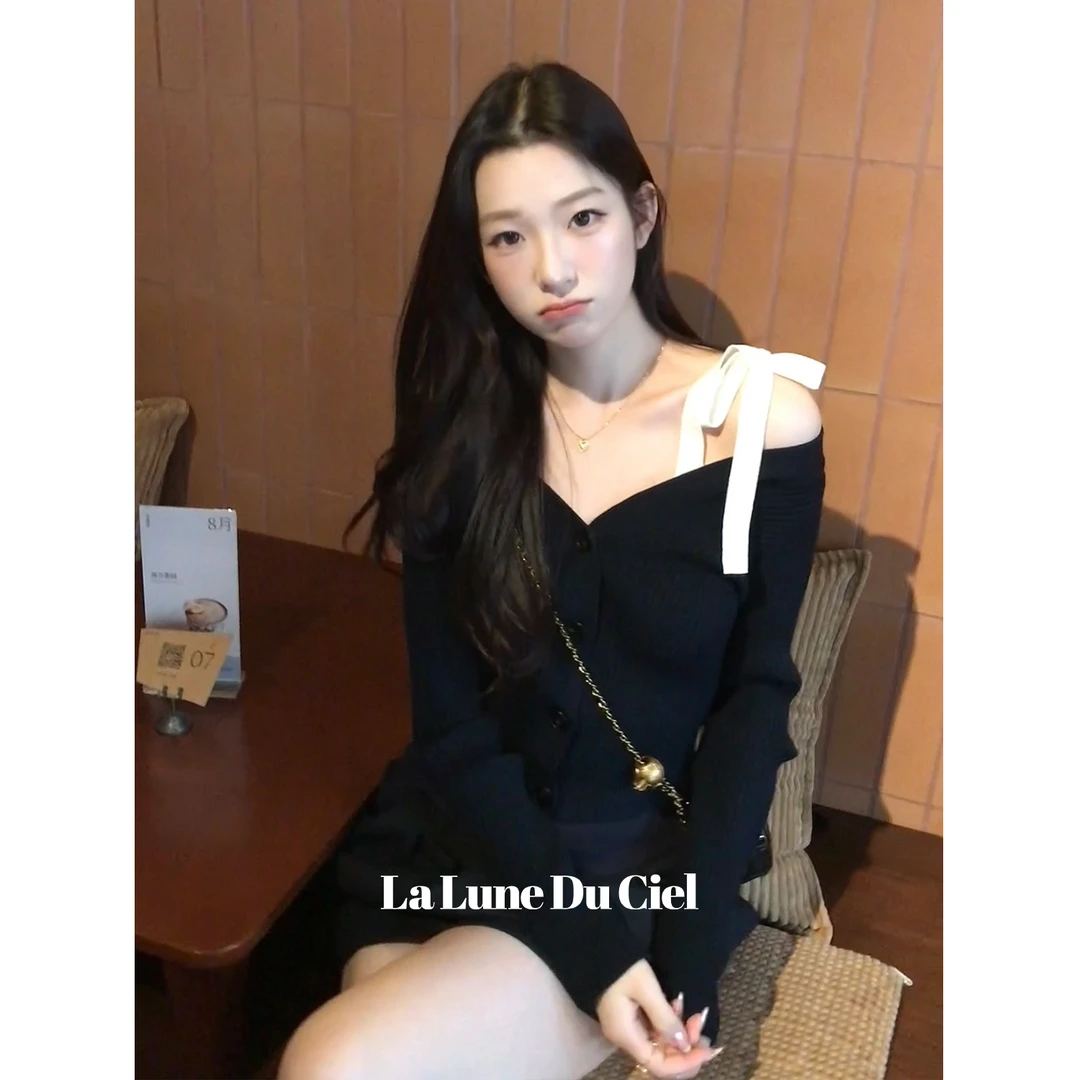 【LaluneDuCiel】 【抖音专供】韩系气质修身长袖绑带针织毛衫