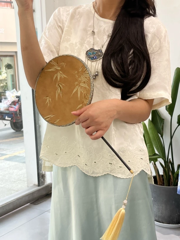 梨山·新中式桑蚕丝宽松夏季上衣中国风气质短袖刺绣边女装