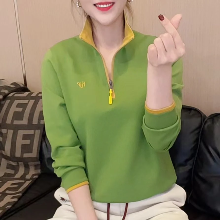 2025初春精选撞色新款半开领刺绣时尚休闲百搭显瘦长袖上衣2603