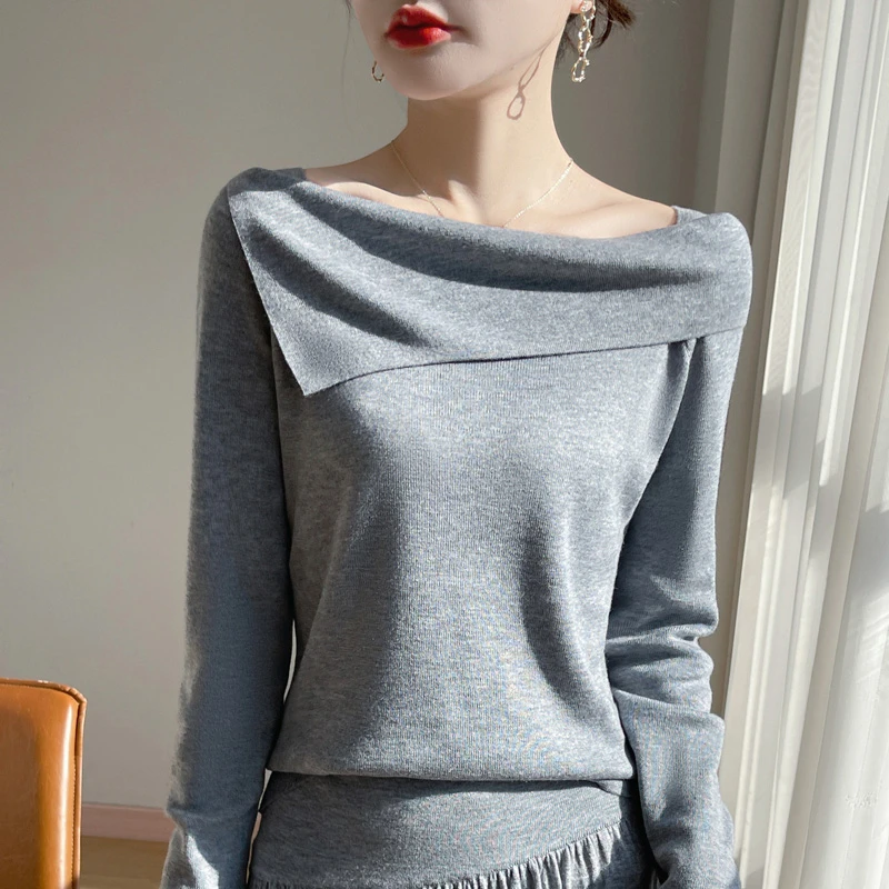 太美了！女长袖一字斜领毛针织衫打底时尚设计感显瘦修身上衣百搭