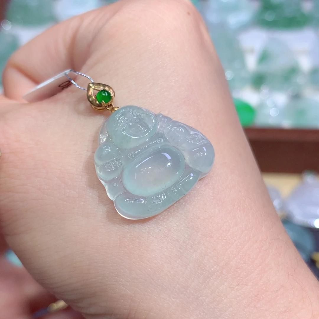 吊坠(不含链)18K金镶嵌翡翠天然缅甸A货翡翠揭阳工布袋佛