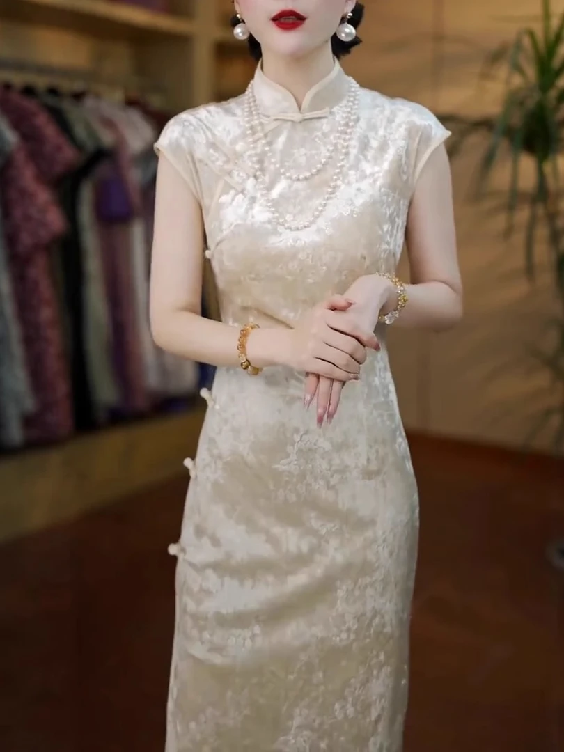 高端时尚中国风复古改良旗袍长裙女气质收腰显瘦老上海过膝连衣裙