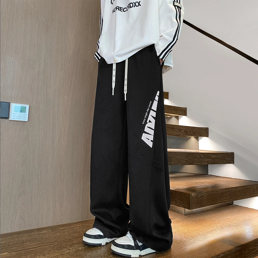 美式复古侧边字母印花卫裤男生秋季潮牌宽松直筒运动阔腿休闲裤子