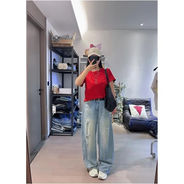 2025早秋时尚高腰显瘦阔腿弯刀裤丹宁风长裤宽松牛仔破洞裤