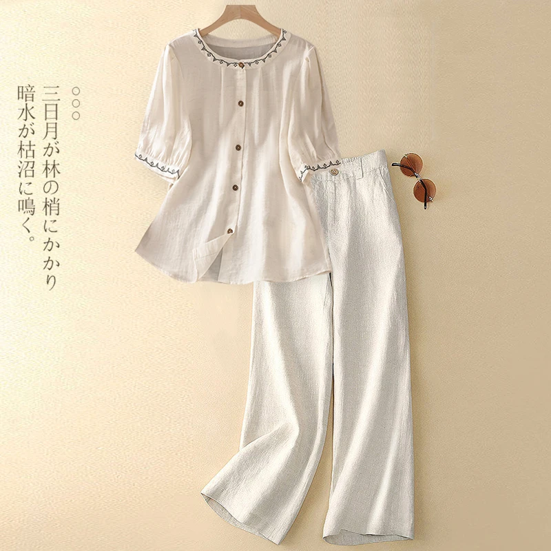 妈妈夏装高级感休闲套装女2025新款洋气苎麻衬衫亚麻阔腿裤两件套