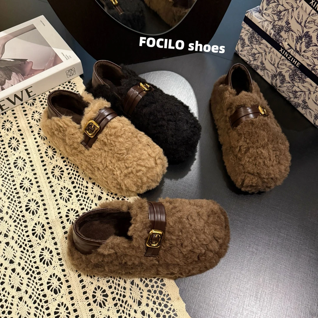 羊羔绒厚底毛毛鞋女秋冬新款懒人一脚蹬黑色毛茸茸豆豆鞋增高棉鞋