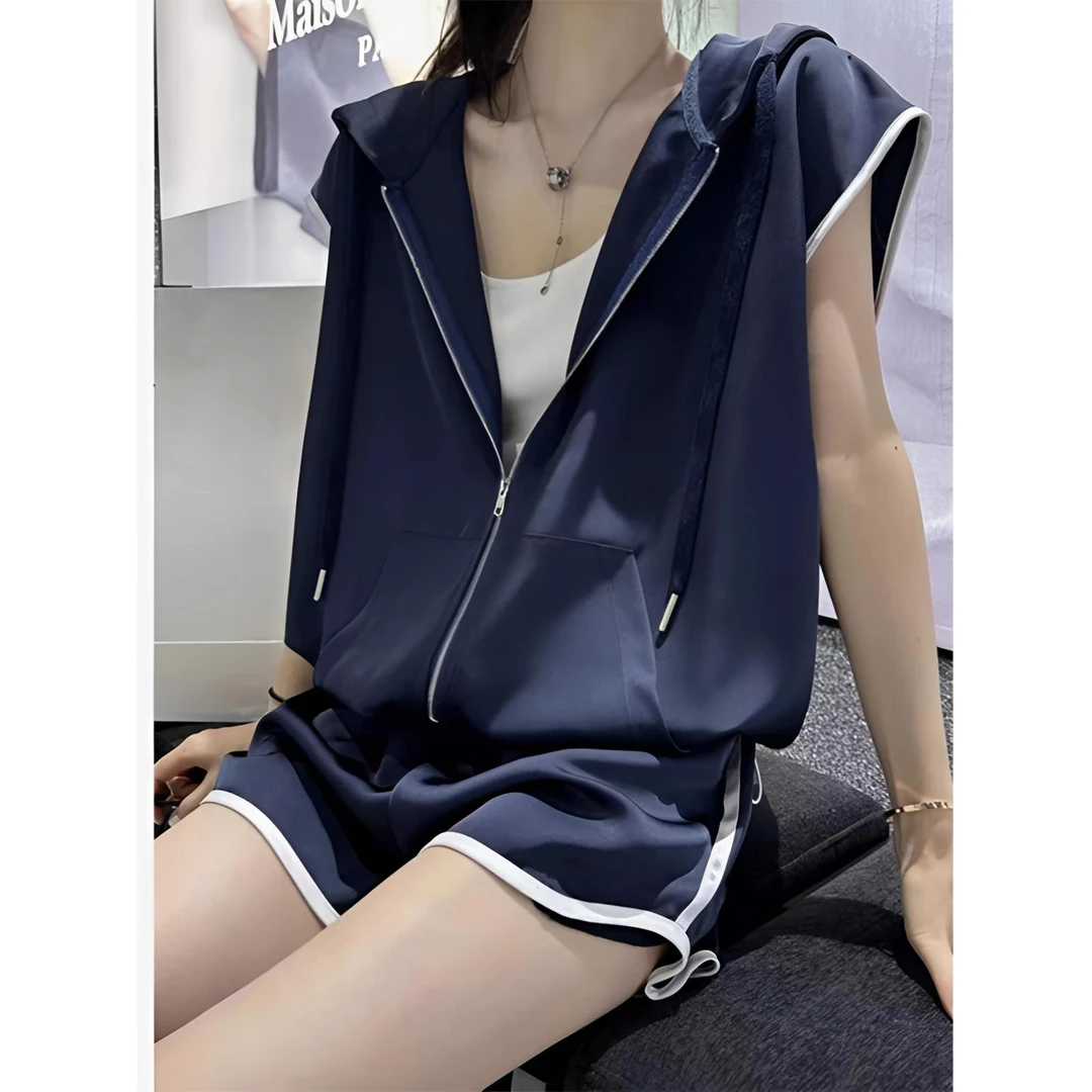 夏装搭配一整套装女时尚洋气连帽上衣马甲阔腿短裤休闲运动两件套